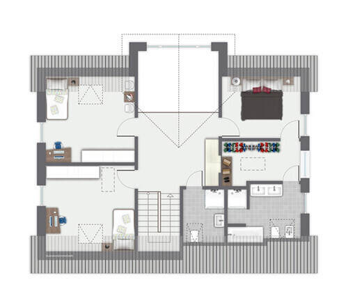 Grundriss eines Hauses: Zentraler Treppenaufgang, Schlafräume links und rechts, Bad und Küche.