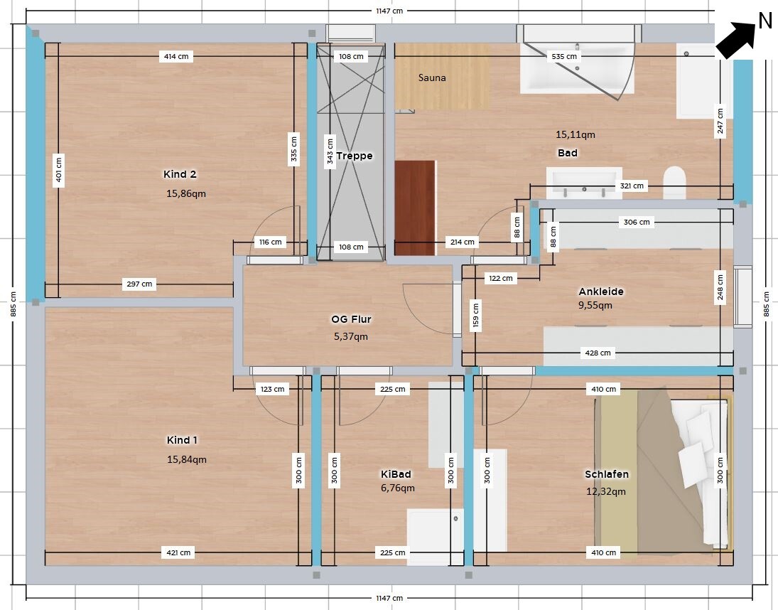 Grundriss Obergeschoss: Treppe, Flur, Schlafen, Kind 1, Kind 2, KiBad, Ankleide, Sauna.