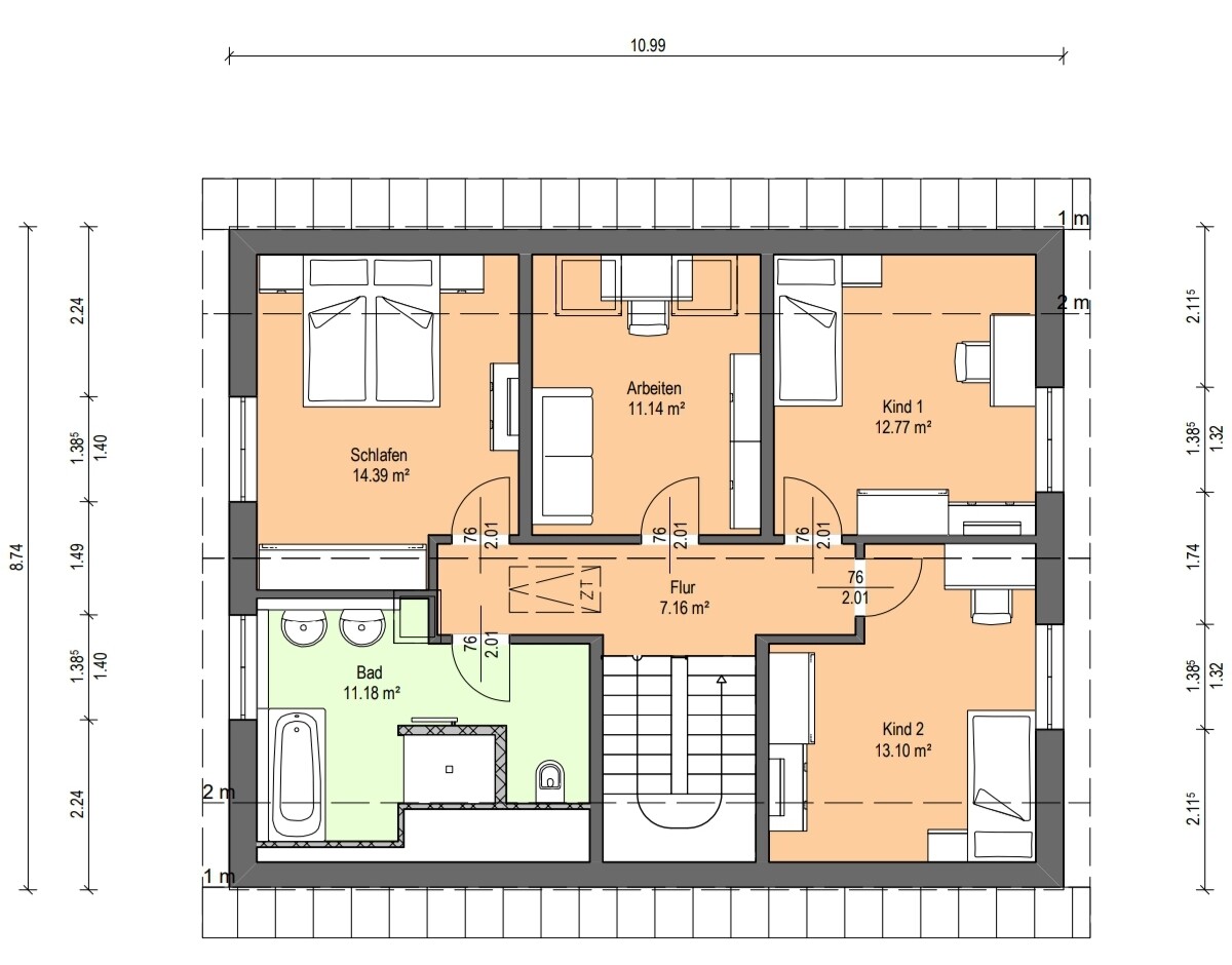 Grundriss eines oberen Stockwerks mit Schlafzimmer, Arbeitszimmer, zwei Kinderzimmern, Bad und Flur.