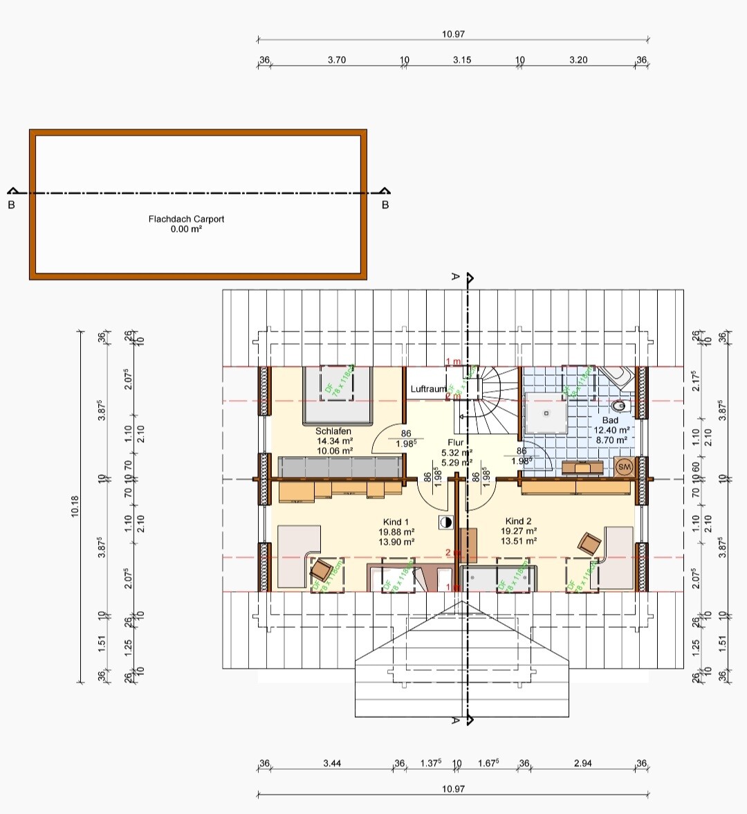 Dachgeschoss-Grundriss mit Treppe, Flur, Schlafen, Kind 1, Kind 2, Bad; Carport.