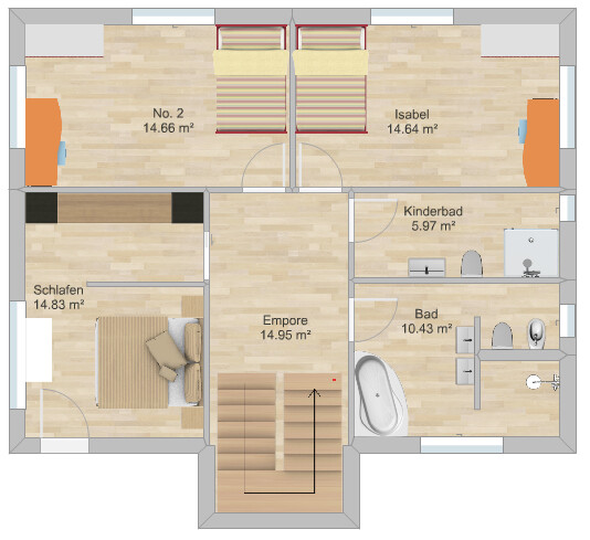 Grundriss eines Obergeschosses mit Schlafzimmer, Bad, Kinderbad und Empore