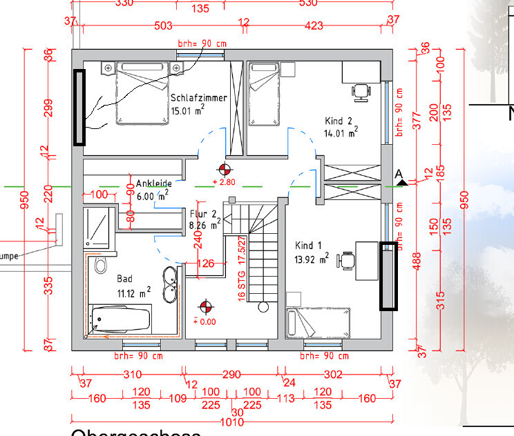 2D-Grundriss des Obergeschosses mit Schlafzimmer, zwei Kinderzimmern, Bad und Flur