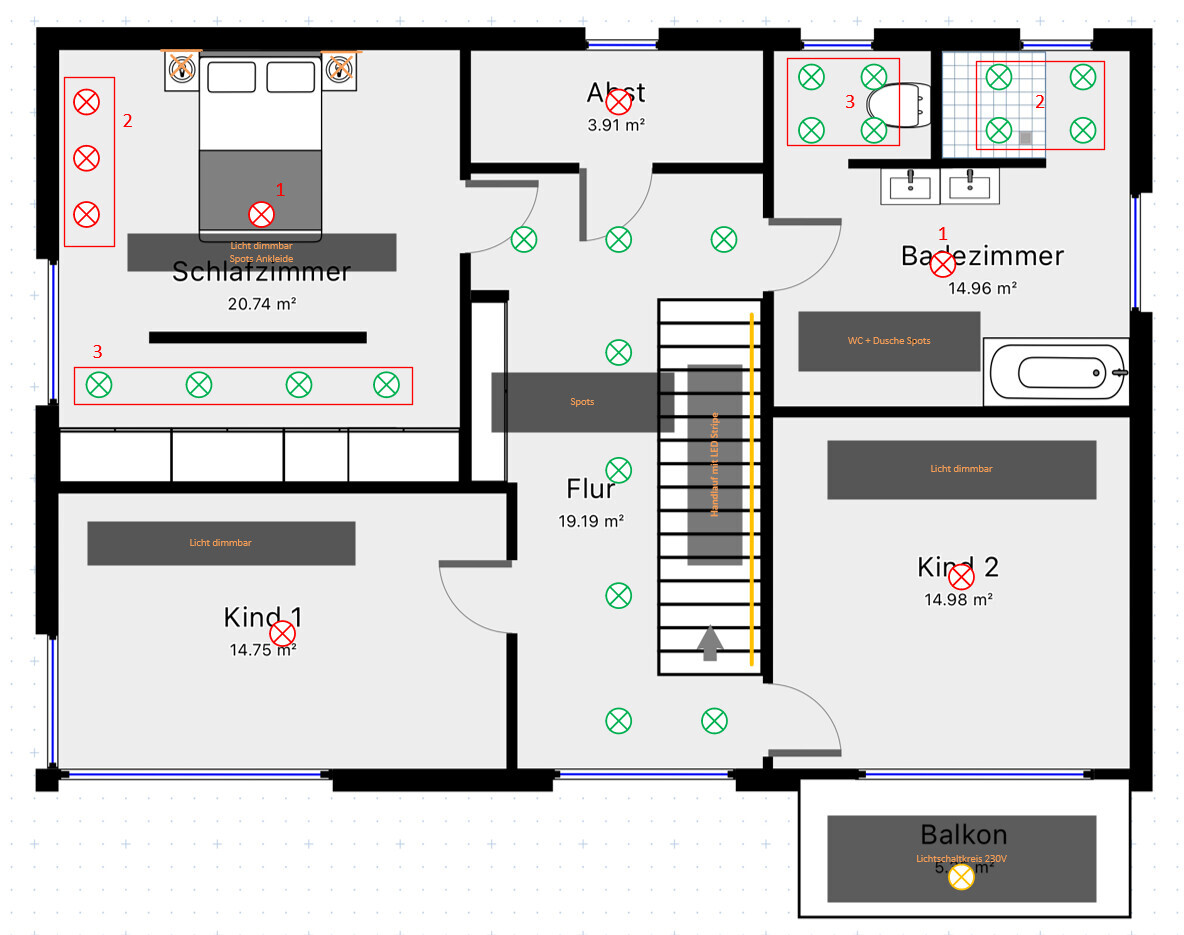Grundriss eines Wohnhauses: Schlafzimmer, zwei Kinderzimmer, Bad, Flur, Balkon und Treppe.