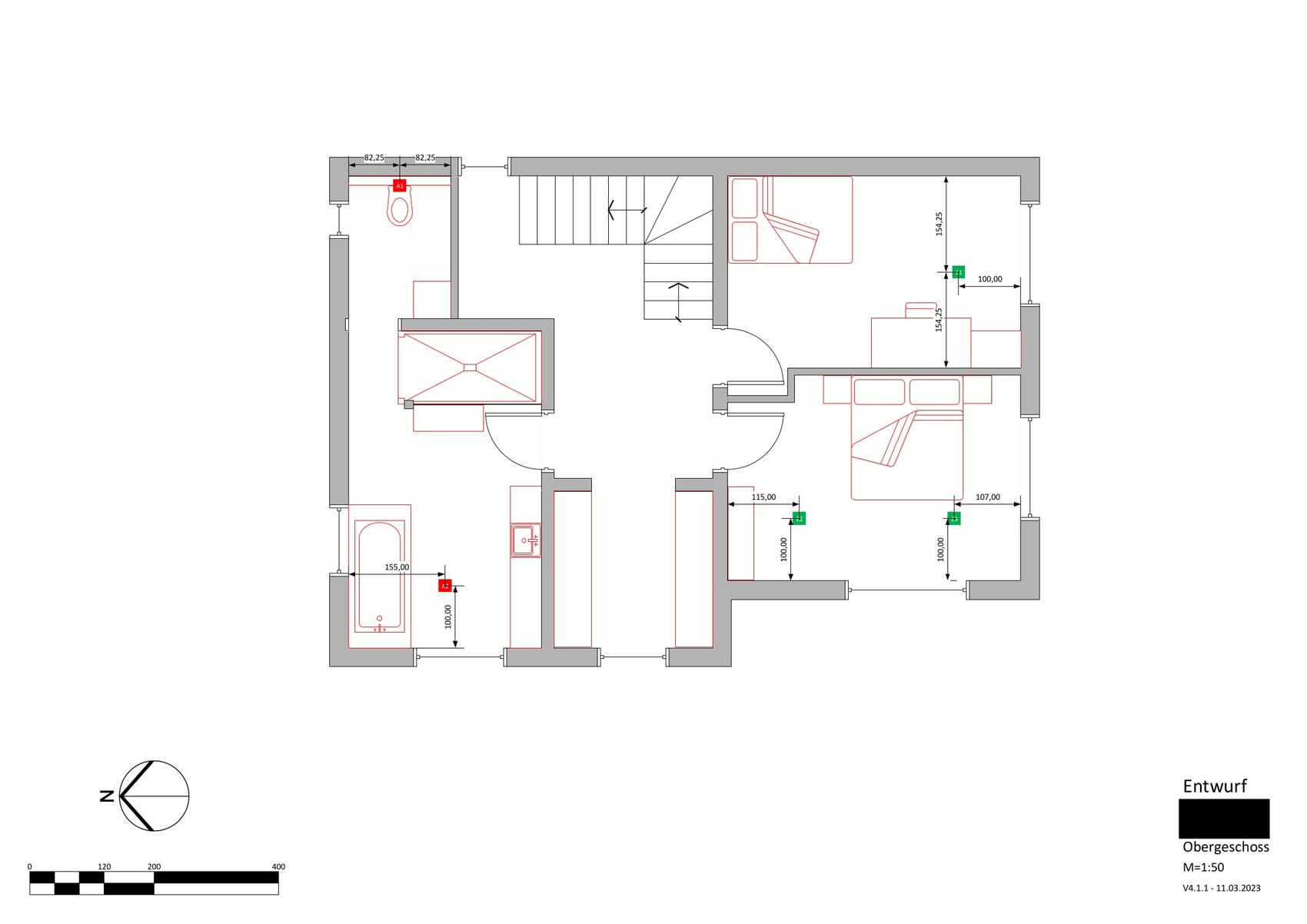 Grundriss eines Obergeschosses mit Treppe, zwei Schlafzimmer, Bad und Möbel.