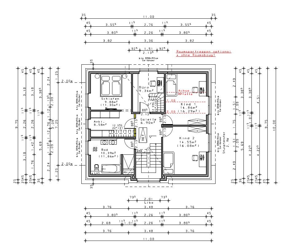 Grundriss eines Hauses mit mehreren Zimmern: Schlafzimmer, Ankleide, Bad und zwei Kinderzimmer.