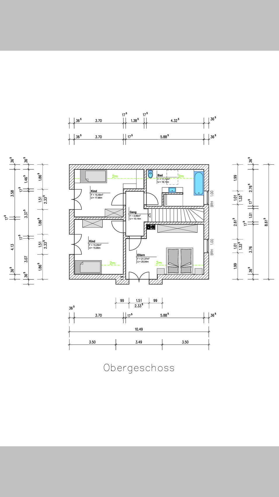 2D-Grundriss des Obergeschosses mit Schlafzimmer, Kinderzimmern, Bad und Flur
