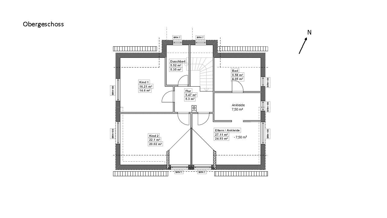 Obergeschoss Grundriss eines Hauses mit Elternschlafzimmer, Kinderzimmern, Ankleide und Flur