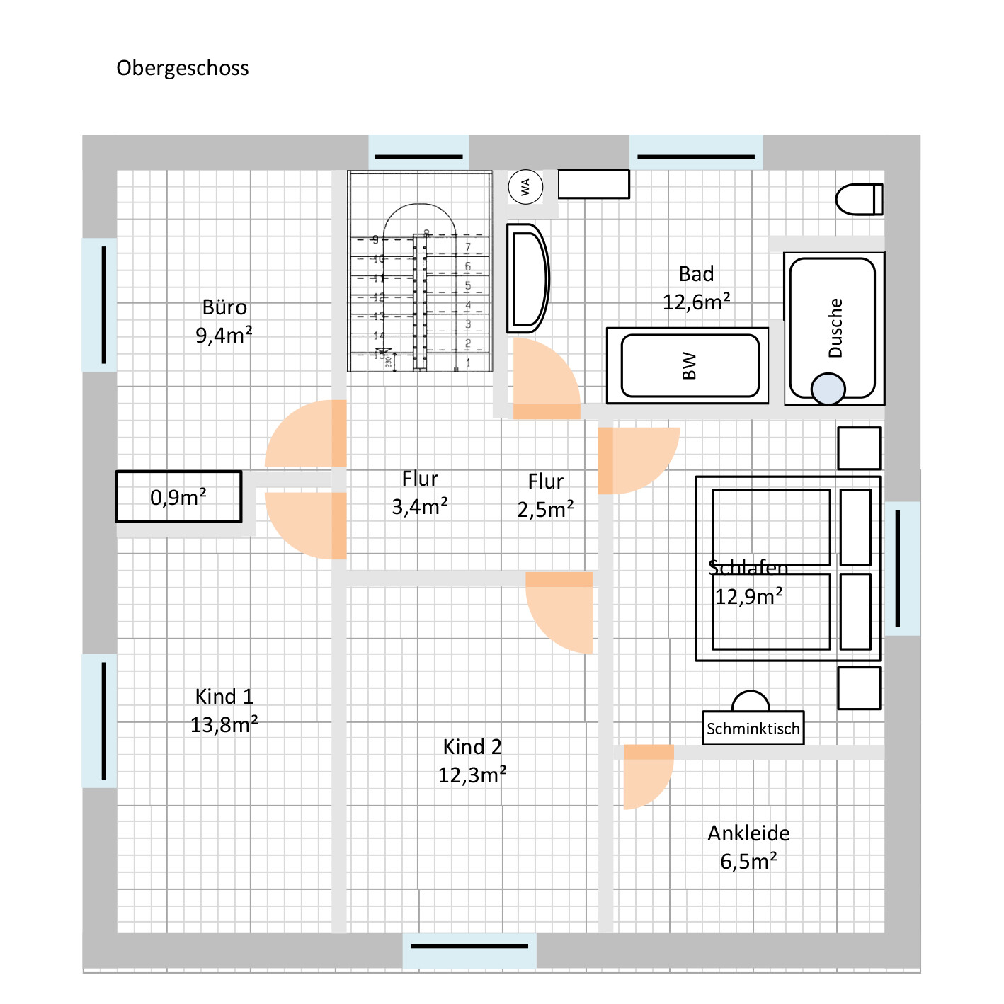 Obergeschoss Grundriss mit Büro, Schlafzimmer, Kind 1, Kind 2, Bad und Fluren