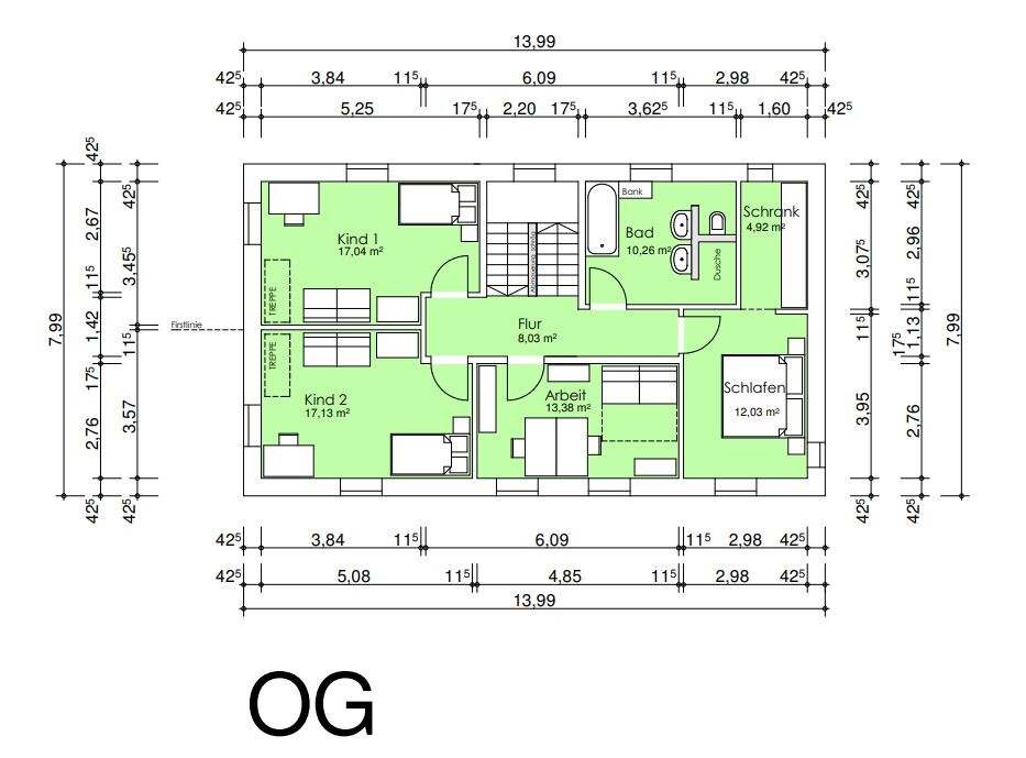 Grundriss des OG eines Hauses: Flur verbindet Schlafen, Arbeitszimmer, Kinderzimmer 1/2 und Bad.