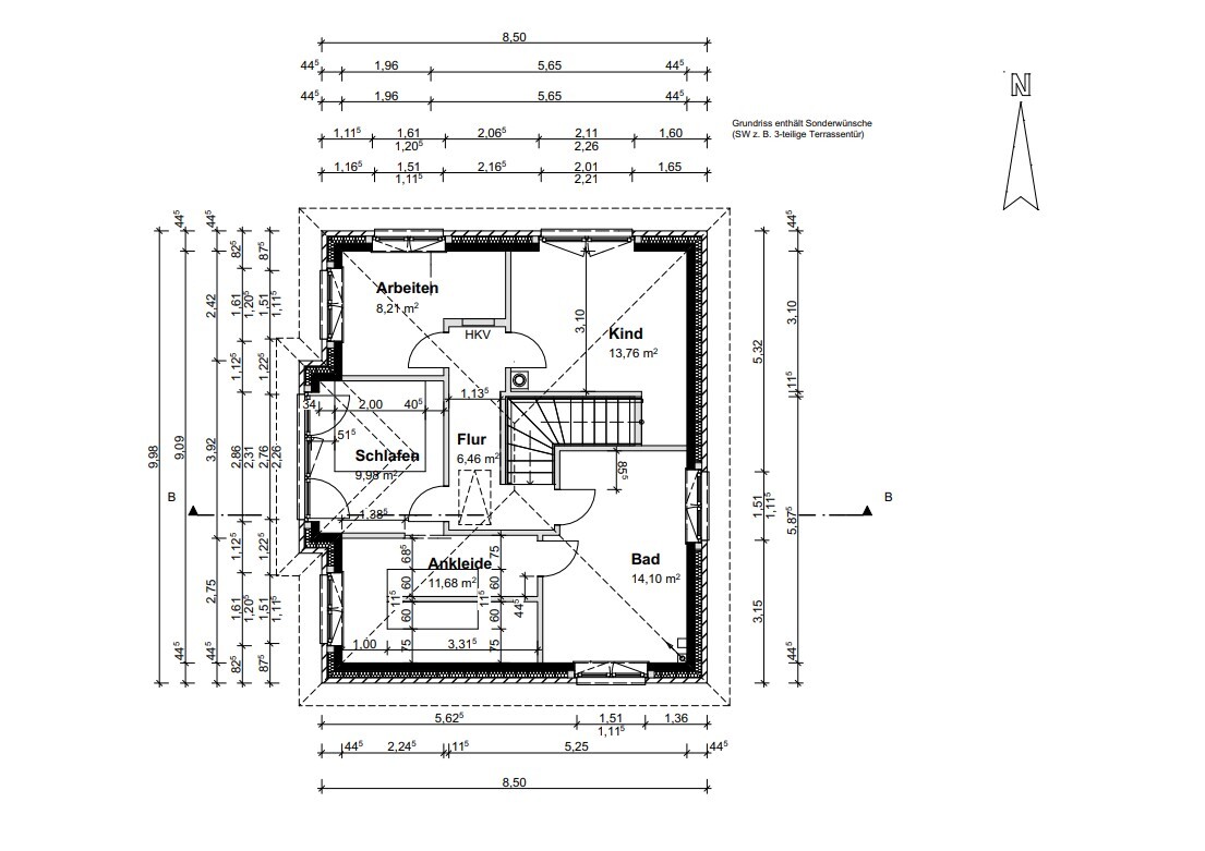 Grundriss eines Wohnhauses mit Flur, Bad, Ankleide, Schlafzimmer, Arbeitszimmer und Kindzimmer.