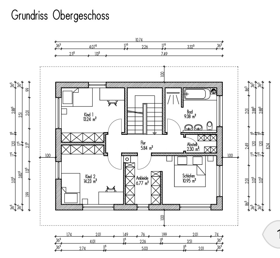Grundriss Obergeschoss eines Hauses mit Flur, Schlafzimmern und Kinderräumen