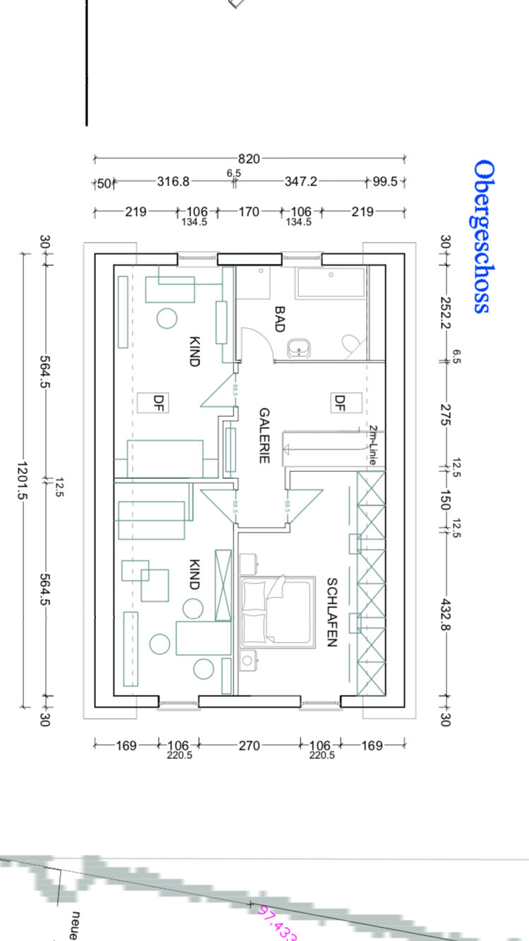 Obergeschoss Grundrissplan mit Schlafzimmer, Kinderzimmern, Galerie und Bad