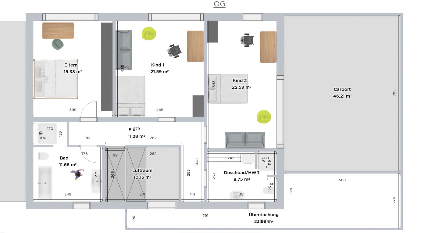 Grundriss eines Hauses mit Eltern- und zwei Kinderzimmern, Bad, Flur, Carport und Überdachung