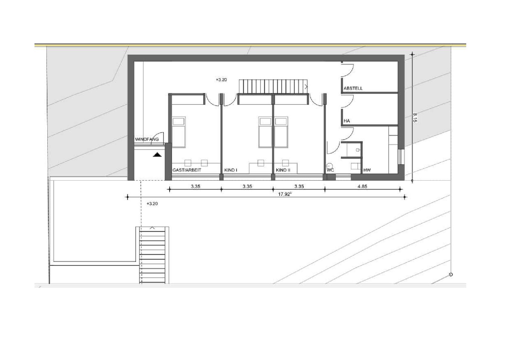 Grundriss: Windfang, Flur, Gäste-/Arbeitszimmer, Kind 1, Kind 2, Abstellraum, WC, Heizung.