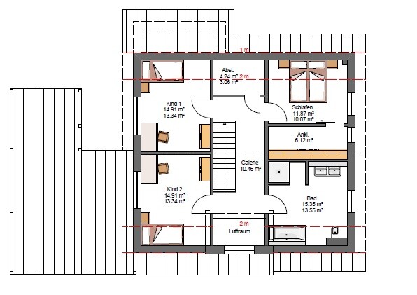 Grundriss eines Dachgeschosses mit Schlafzimmer, zwei Kinderzimmern, Bad und Galerie.