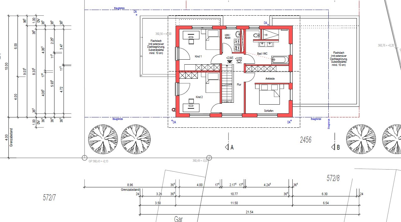 Grundriss eines Hauses: Obergeschoss mit Schlafzimmer, zwei Kinderzimmern, Flur, Ankleide und Bad/WC.