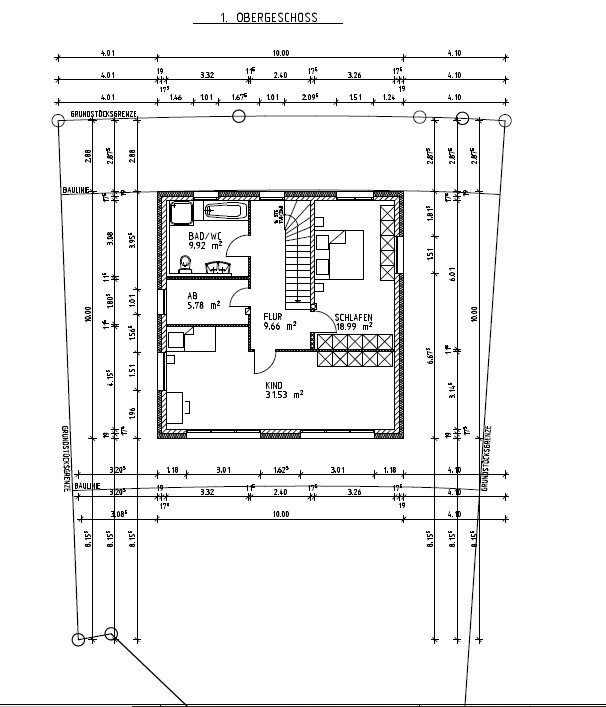 Grundriss des 1. Obergeschosses: Schlafen, Kind, Bad/WC, Flur, Ankleide.