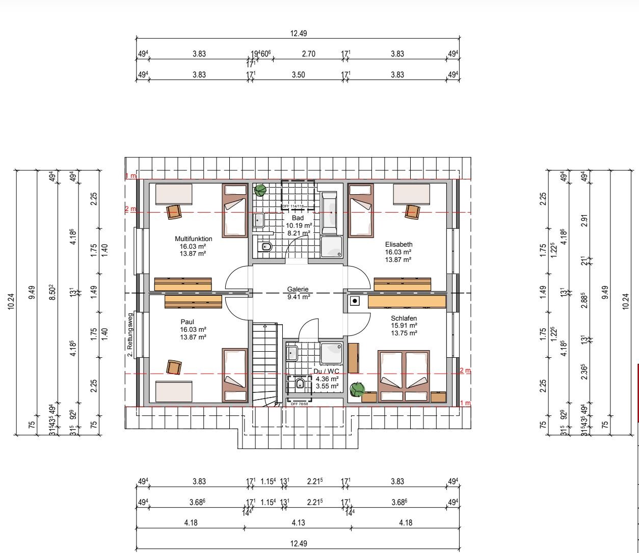 Draufsicht Grundriss eines Hauses mit Schlafzimmern, Bad, Galerie und Treppenhaus.