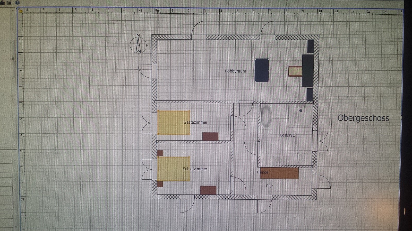 Grundrissplan des Obergeschosses mit Hobbyraum, Gästezimmer, Schlafzimmer, Bad/WC und Flur