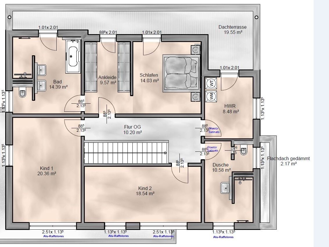 Grundriss Obergeschoss mit Flur, Schlafen, Bad, Ankleide, Kinderzimmer, Dusche, HWR und Dachterrasse