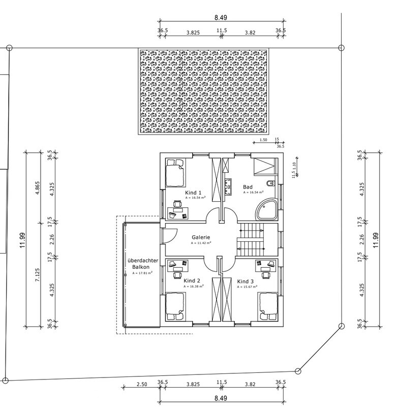Grundriss eines Hauses mit drei Kinderzimmern, Bad, Galerie, überdachter Balkon und Außenbereich.