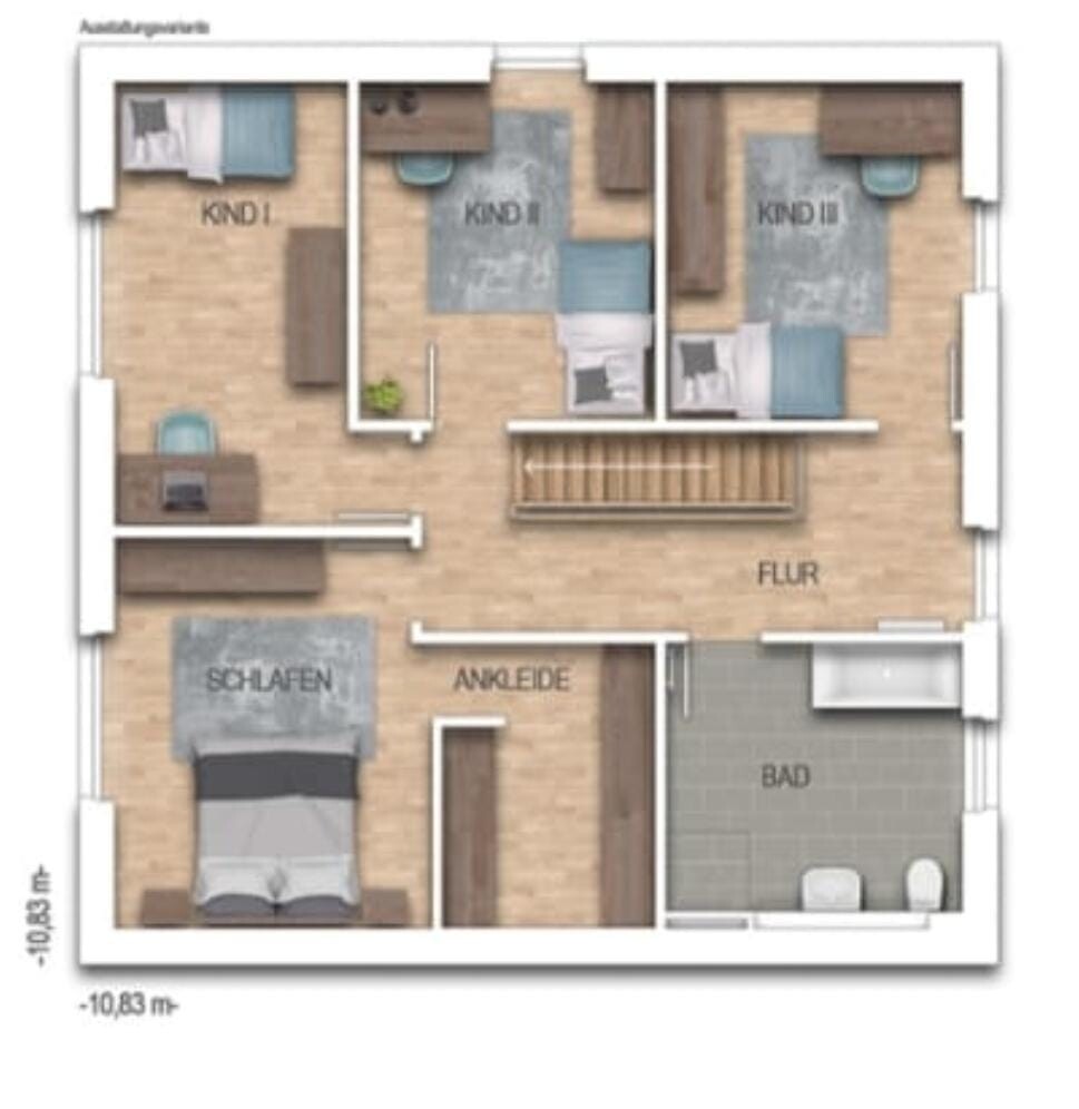Grundriss: 3 Kinderzimmer, Schlafzimmer unten links, Ankleide, Flur, Bad rechts, Treppe in Mitte.