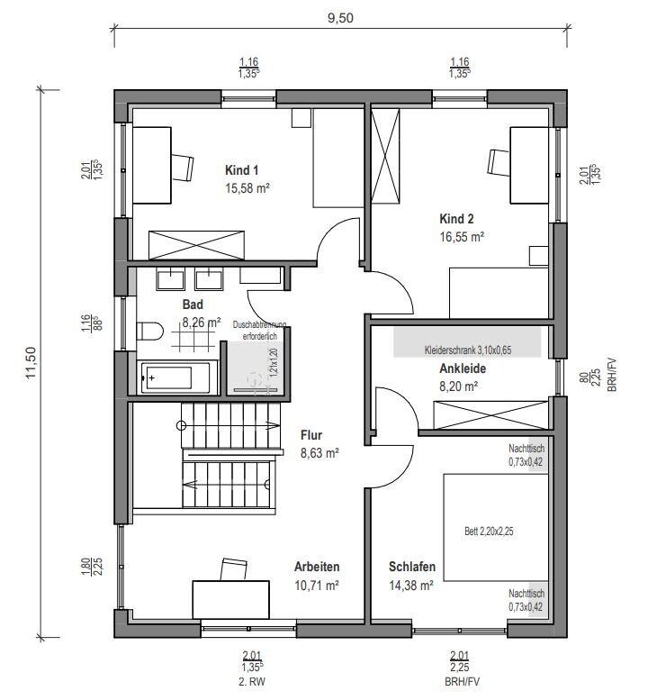 Draufsicht Grundriss: Flur, Bad, Arbeiten, Schlafen, zwei Kinderzimmer, Ankleide.
