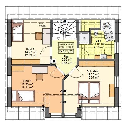 2D Grundriss des Obergeschosses mit Flur, Bad, Schlaf- und Kinderzimmer und Treppe