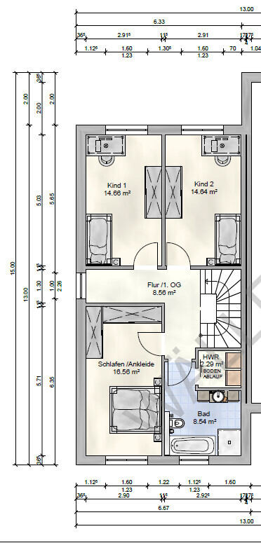 Grundriss Obergeschoss: Flur, Schlafzimmer mit Ankleide, zwei Kinderzimmer, Bad, HWR, Treppe.