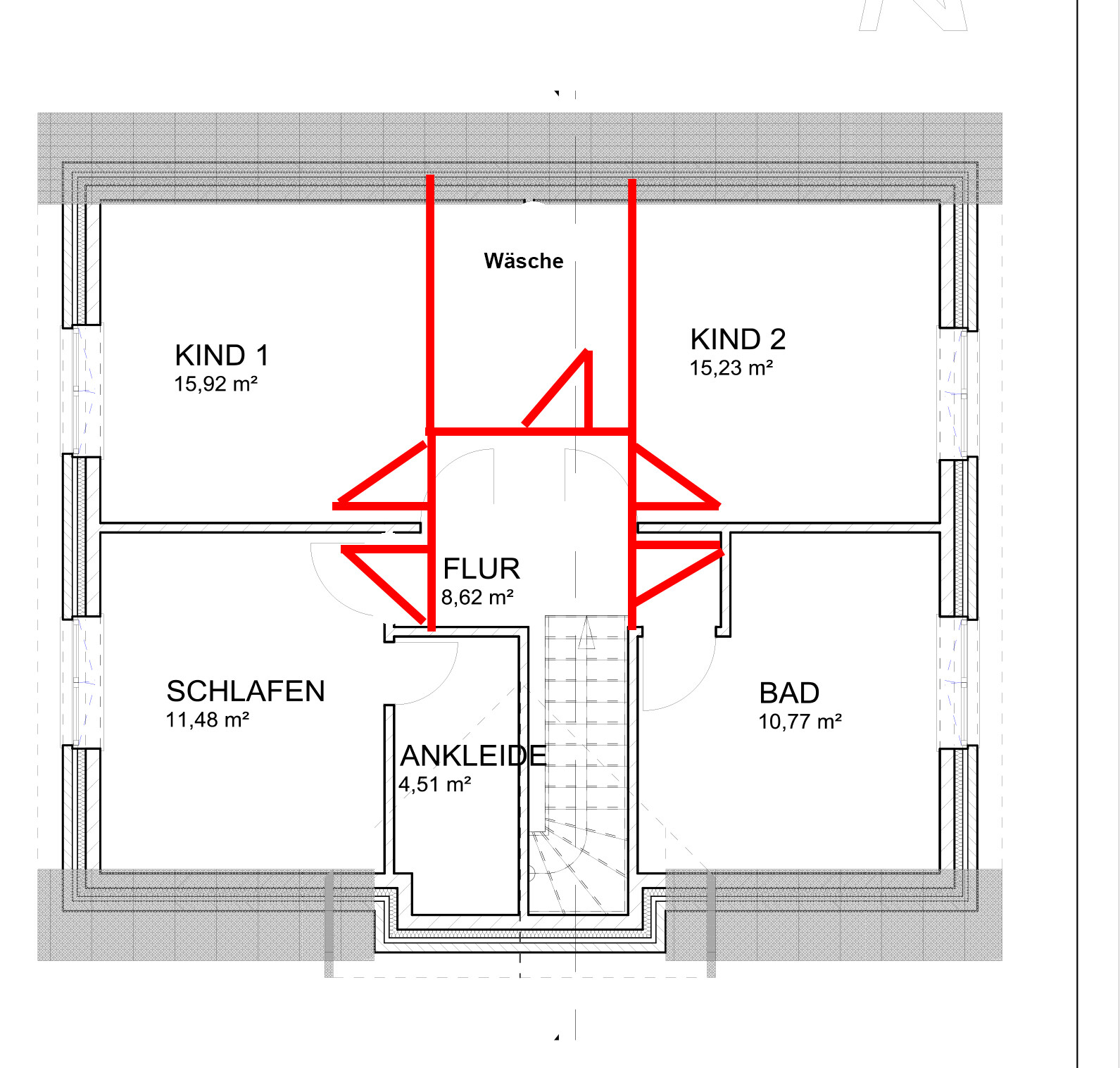Grundriss eines Obergeschosses: Flur, zwei Kinderzimmer, Schlafen, Bad, Ankleide, Wäsche.