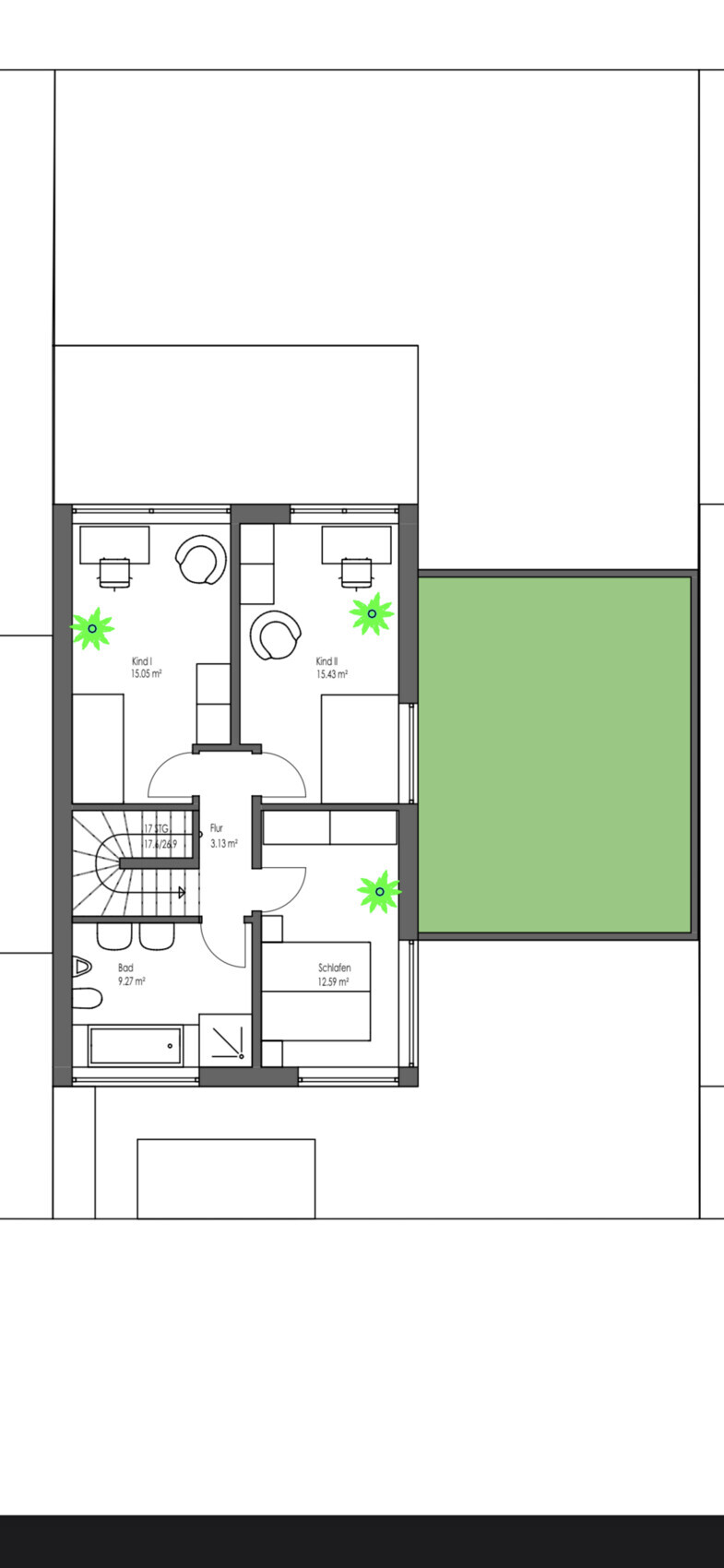 Grundriss eines Hauses: zwei Kinderzimmer, Schlafzimmer, Bad, Flur und angrenzender Garten.