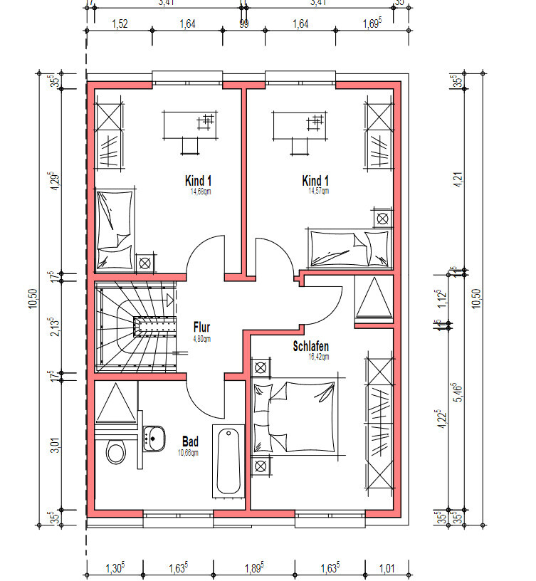 Grundriss des Obergeschosses mit Flur, zwei Kinderzimmern, Schlafzimmer und Bad