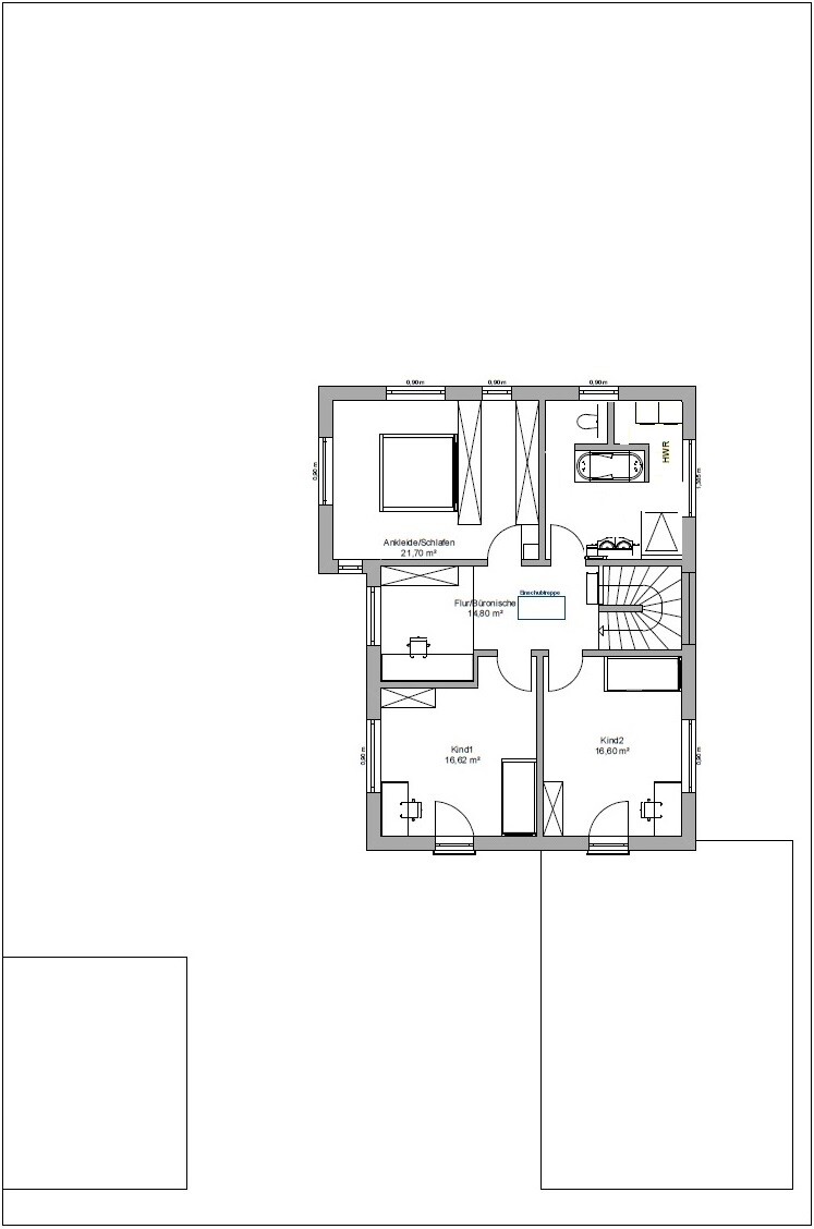 Grundriss Obergeschoss: Schlafzimmer mit Ankleide, zwei Kinderzimmer, Bad, Flur und Treppe.