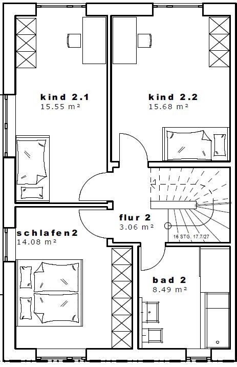 Grundriss des oberen Stockwerks mit zwei Kinderzimmern, Schlafzimmer, Bad, Flur und Treppe.