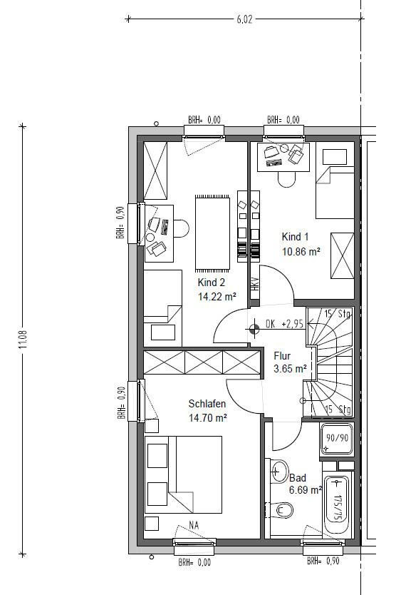 Grundriss eines oberen Stockwerks mit Schlafzimmer, zwei Kinderzimmer, Bad, Flur und Treppenhaus.