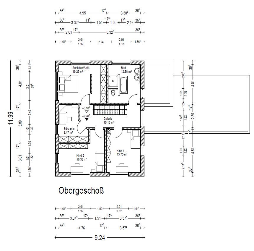Grundriss Obergeschoss: Schlafzimmer/Ankleide, Bad, Galerie, Büro, Kind 1, Kind 2