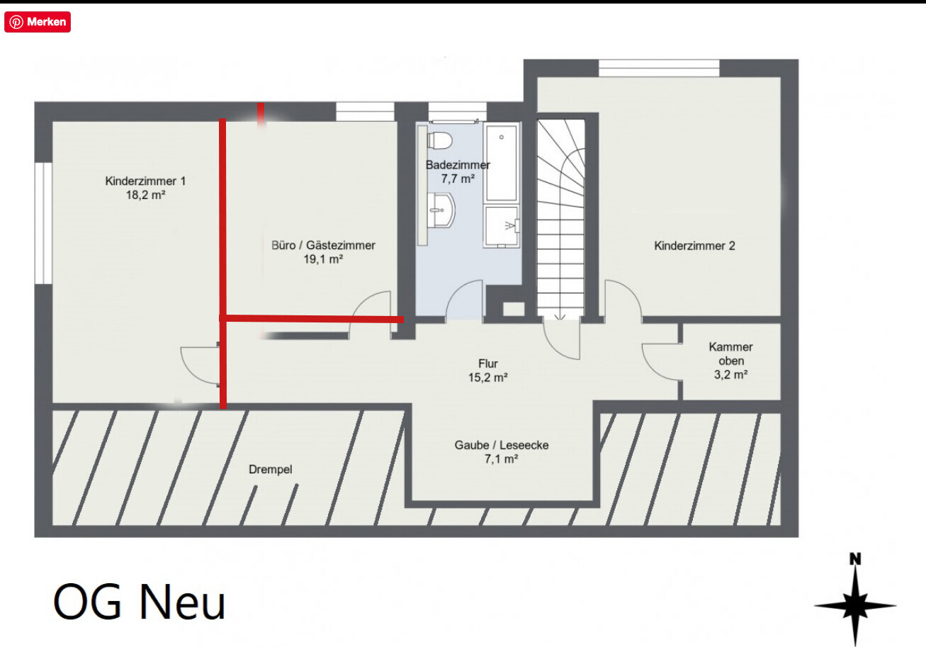 Grundriss des OG Neu: Flur, Bad, Büro/Gästezimmer, Kinderzimmer 1, Kammer oben.