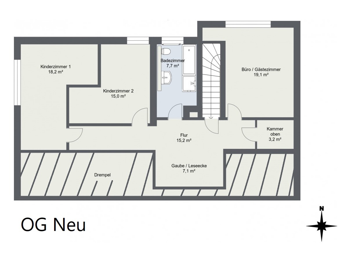OG-Neu Grundriss: zwei Kinderzimmer, Bad, Flur, Büro/Gästezimmer, Gaube/Leseecke, Kammer offen