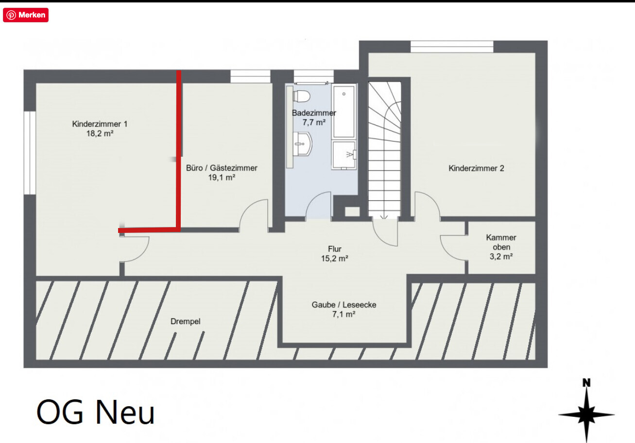 Grundriss OG Neu: zwei Kinderzimmer, Büro/Gästezimmer, Bad, Flur, Kammer, Gaube/Leseecke, Treppe.