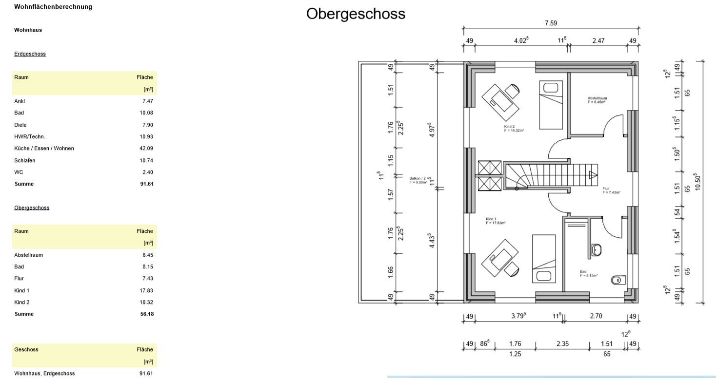 Grundriss Obergeschoss: 2 Kinderzimmer, Bad, Flur, Abstellraum; Tabellen mit Flächenwerten.