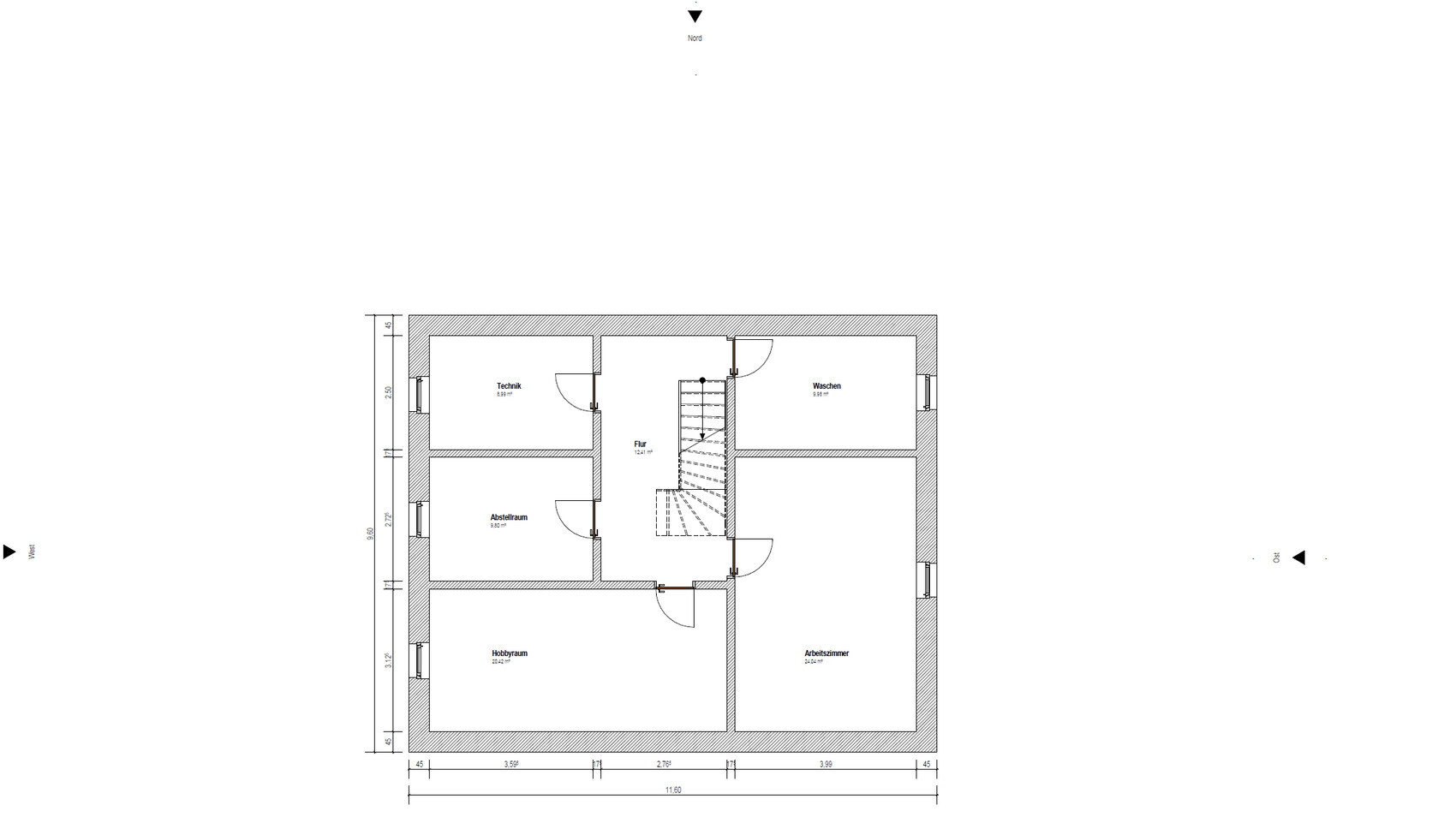 Grundriss eines Hauses: Zentraltreppenaufgang, Technik, Abstellraum, Hobbyraum, Arbeitszimmer, Waschen
