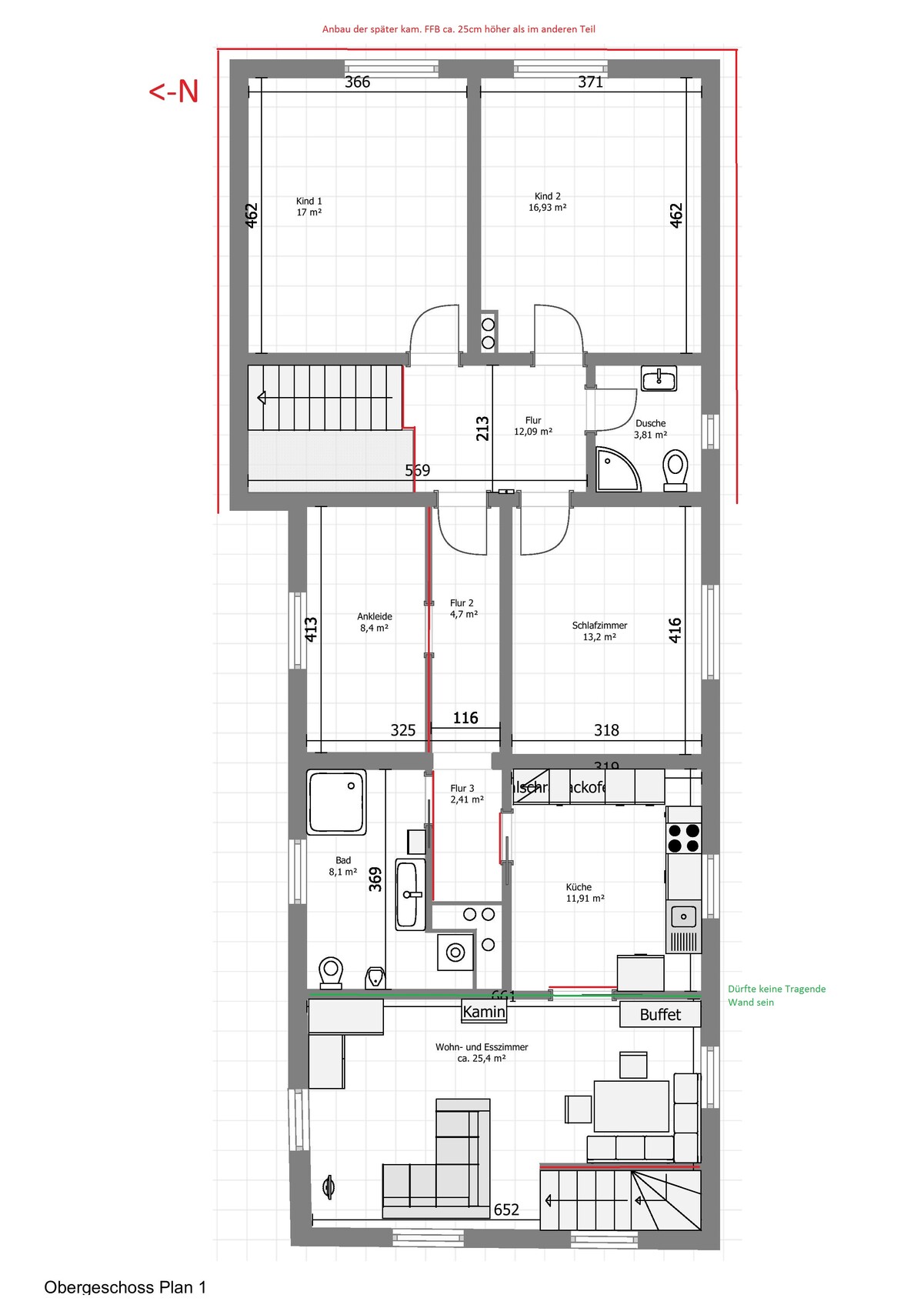 Obergeschoss Grundrissplan eines Hauses mit Schlafzimmern, Küche, Bad und Fluren