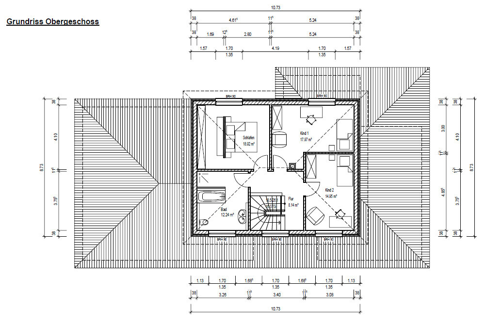 Obergeschoss-Grundriss mit Schlafen, Kind 1, Kind 2, Bad, Flur und Treppe.