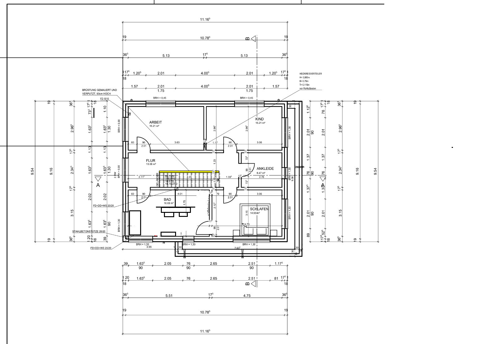 Grundriss eines Hauses mit Arbeits-, Kinder-, Schlaf-, Bad-, Flur- und Ankleidezimmern.