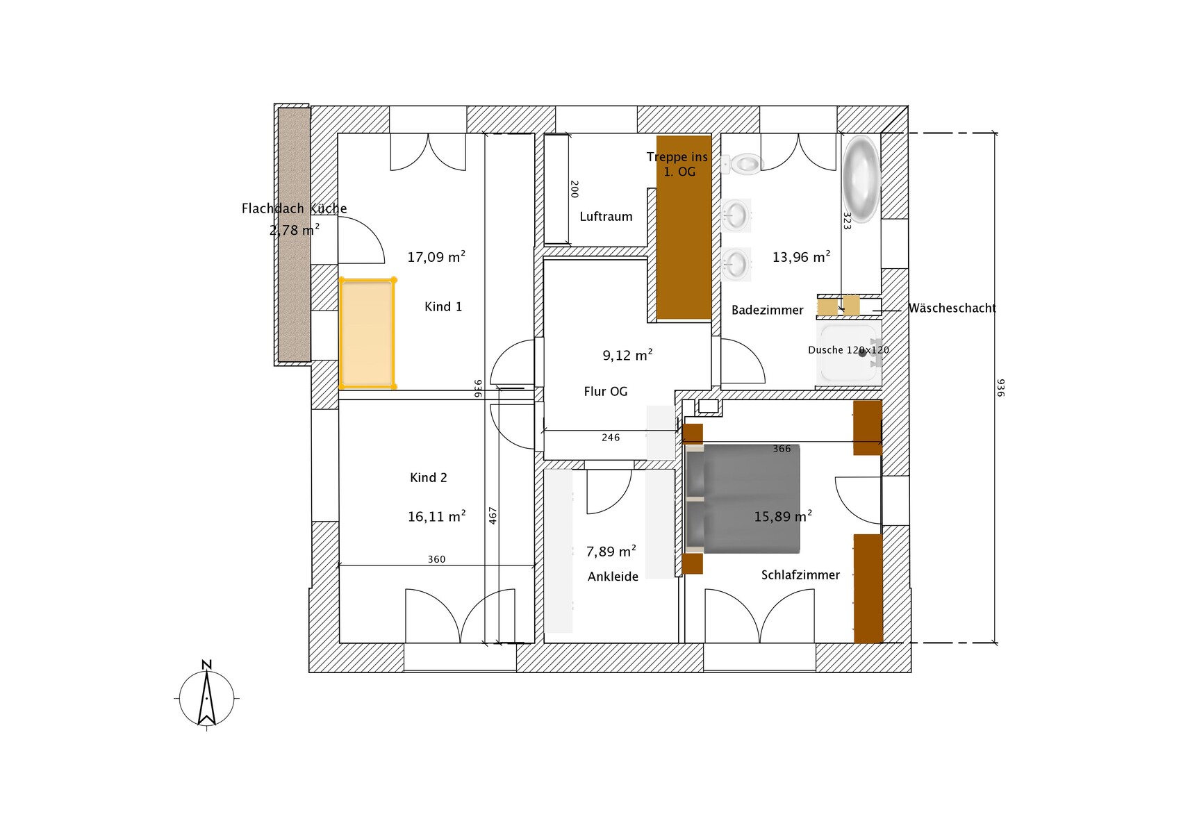 OG-Grundriss: Flur, zwei Kinderzimmer, Ankleide, Schlafzimmer, Bad mit Dusche, Wäscheschacht, Treppe.