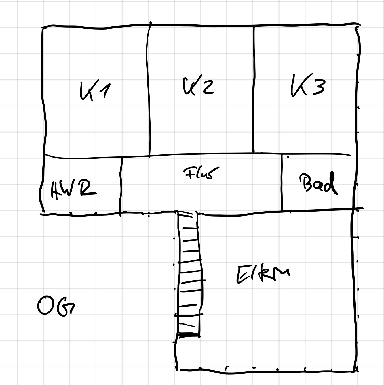 Handgezeichneter Grundriss: OG mit K1/K2/K3; HWR, Flur, Bad; Treppe zum EG.