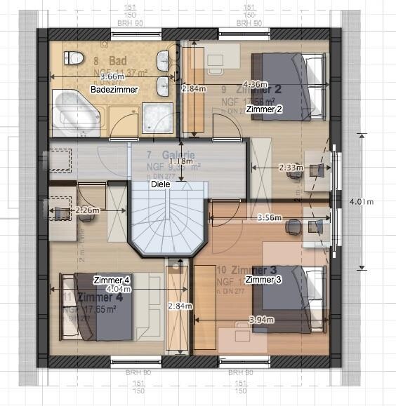 Grundriss des Obergeschosses: Flur, Bad, Treppenhaus und drei Zimmer.