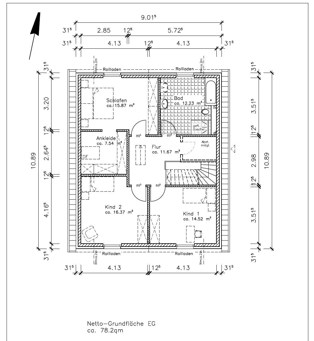 Grundriss eines Hauses: EG mit Schlafen, Ankleide, Bad, Flur, Kind 1, Kind 2; ca. 78 m².