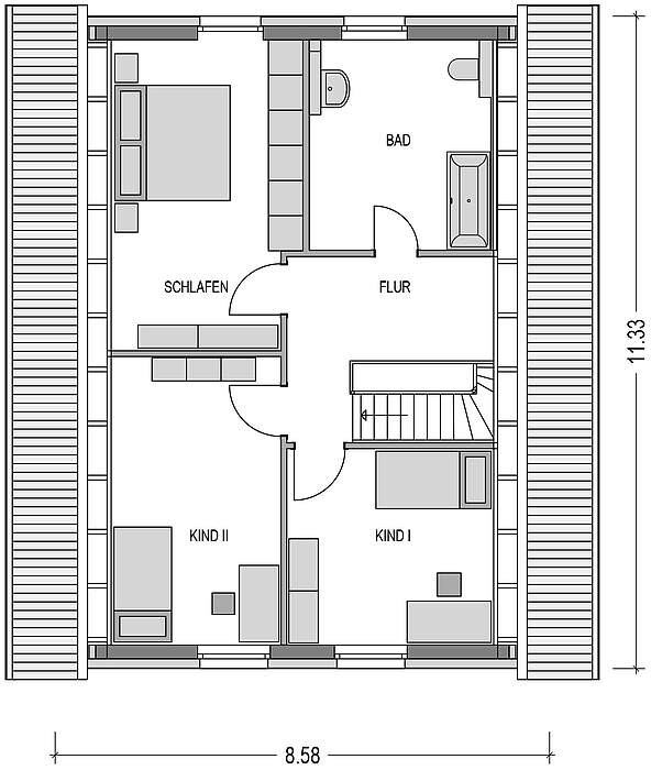 Grundriss eines Hauses mit Schlafzimmer, zwei Kinderzimmern, Flur, Bad und Treppe.