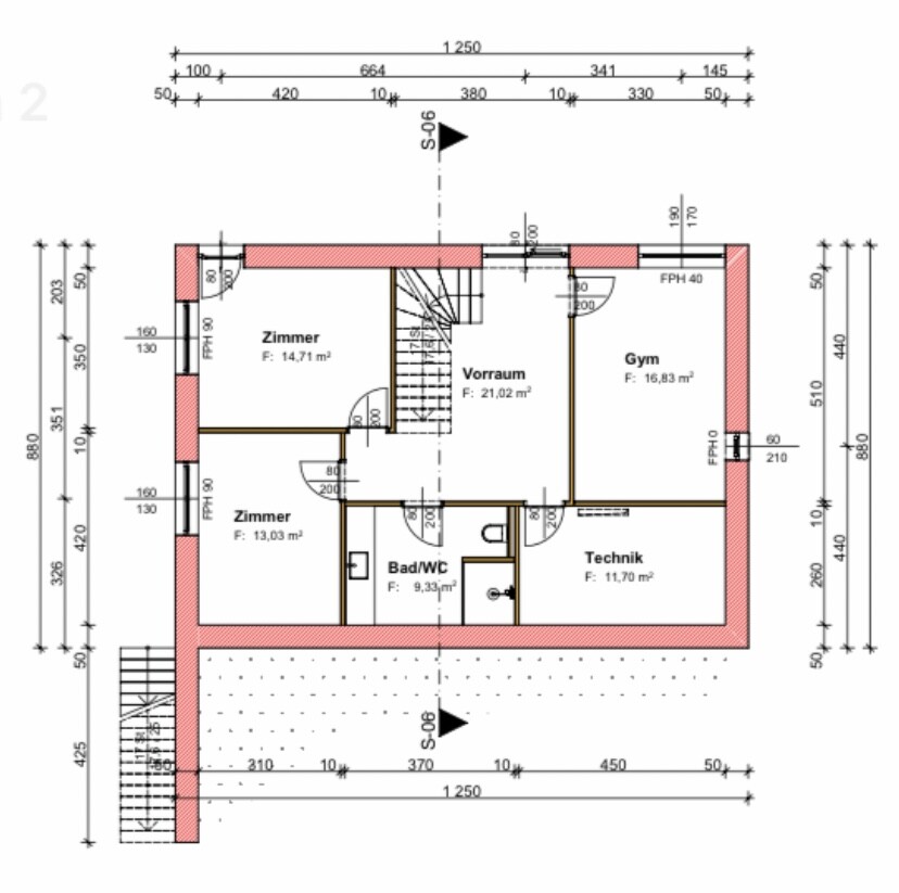 Grundriss eines Obergeschosses mit Vorraum, Treppe, Zimmern, Bad/WC, Technik, Gym.
